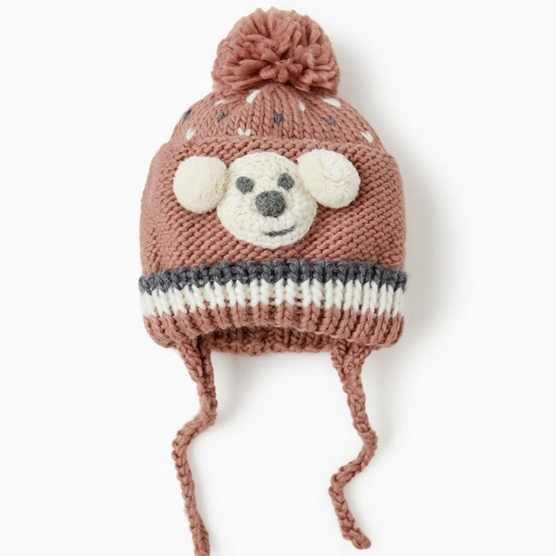 Детская зимняя шапка с розовым медведем детская Шапка-бини хлопковой подкладкой