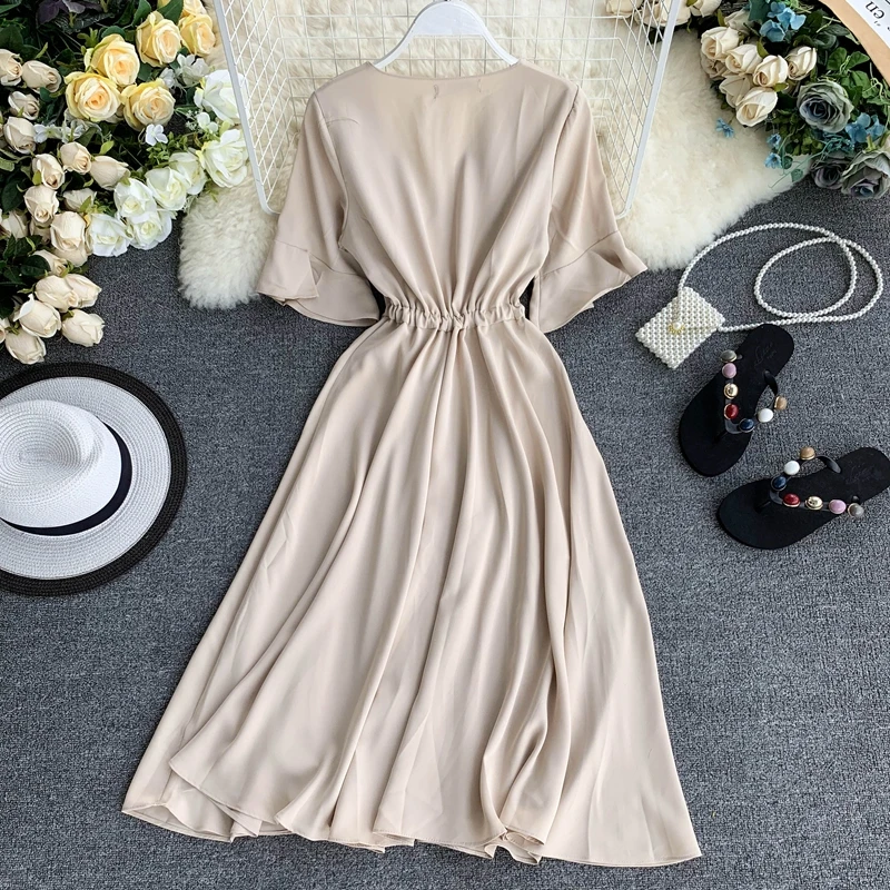 Women Summer New Fashion Sexy V Neck Short Sleeve Dress Ladies Below Knee Length Dresses Vestido Blue/Apricot | Женская одежда