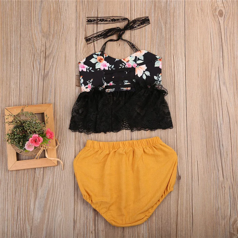 2017 г. Милая Одежда для новорожденных девочек кружевной жилет Топ + короткие штаны