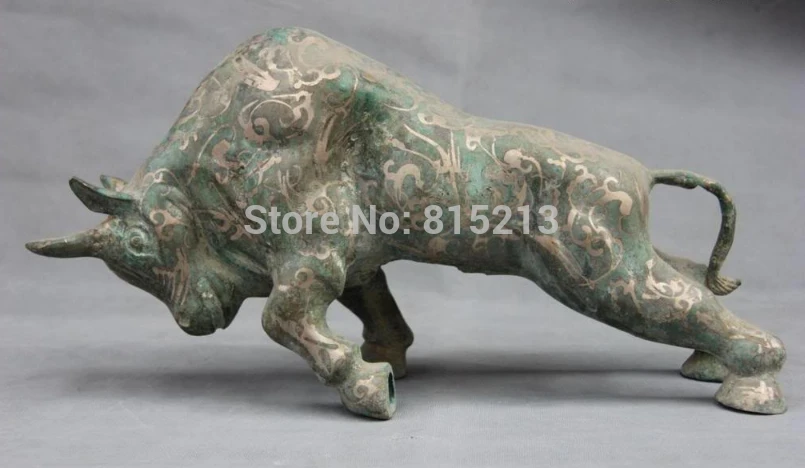 

bi00971 China Folk Collect Bronze silver-gilt Feng Shui Wealth Anger OX Bull Art Statue