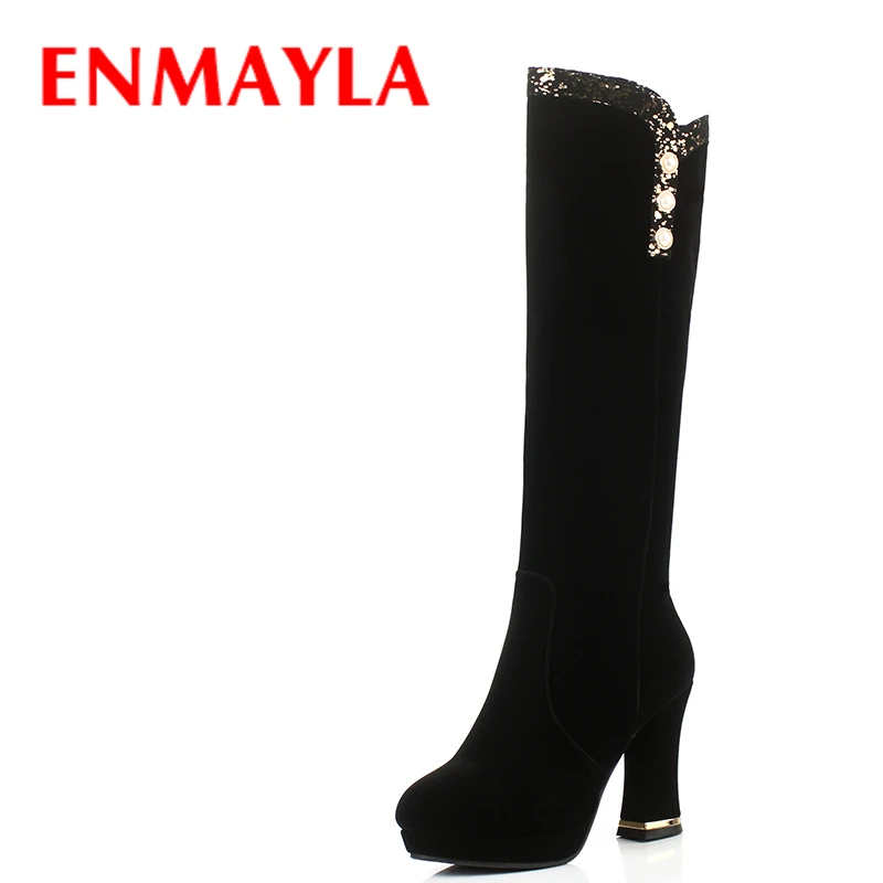 ENMAYLA Winter High Heels Platform Boots Women Black Flock Shoes Woman Gold Bling Button Long Boots|long boots|platform bootsboots women |