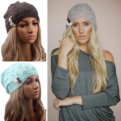 Женская кружевная шапка на пуговицах теплые вязаные вещи для зимы мешковатый