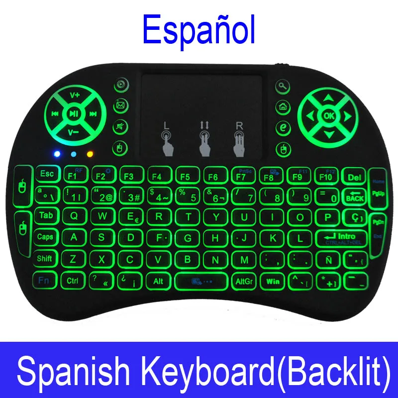 Spanish Backlit Оригинальная Беспроводная клавиатура i8 с подсветкой на английском, русском, 2,4 ГГц, Air mouse, сенсорная панель, портативная Подсветка для Android tv BOX, мини-ПК - Цвет: Spanish Backlit