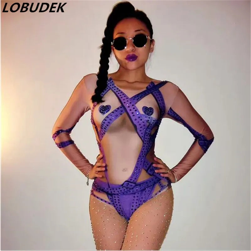 Purple leotard bodysuit Bright Crystals female sexy costumes Bar DJ DS performance Costume Nightclub Pole dancing stage clothing