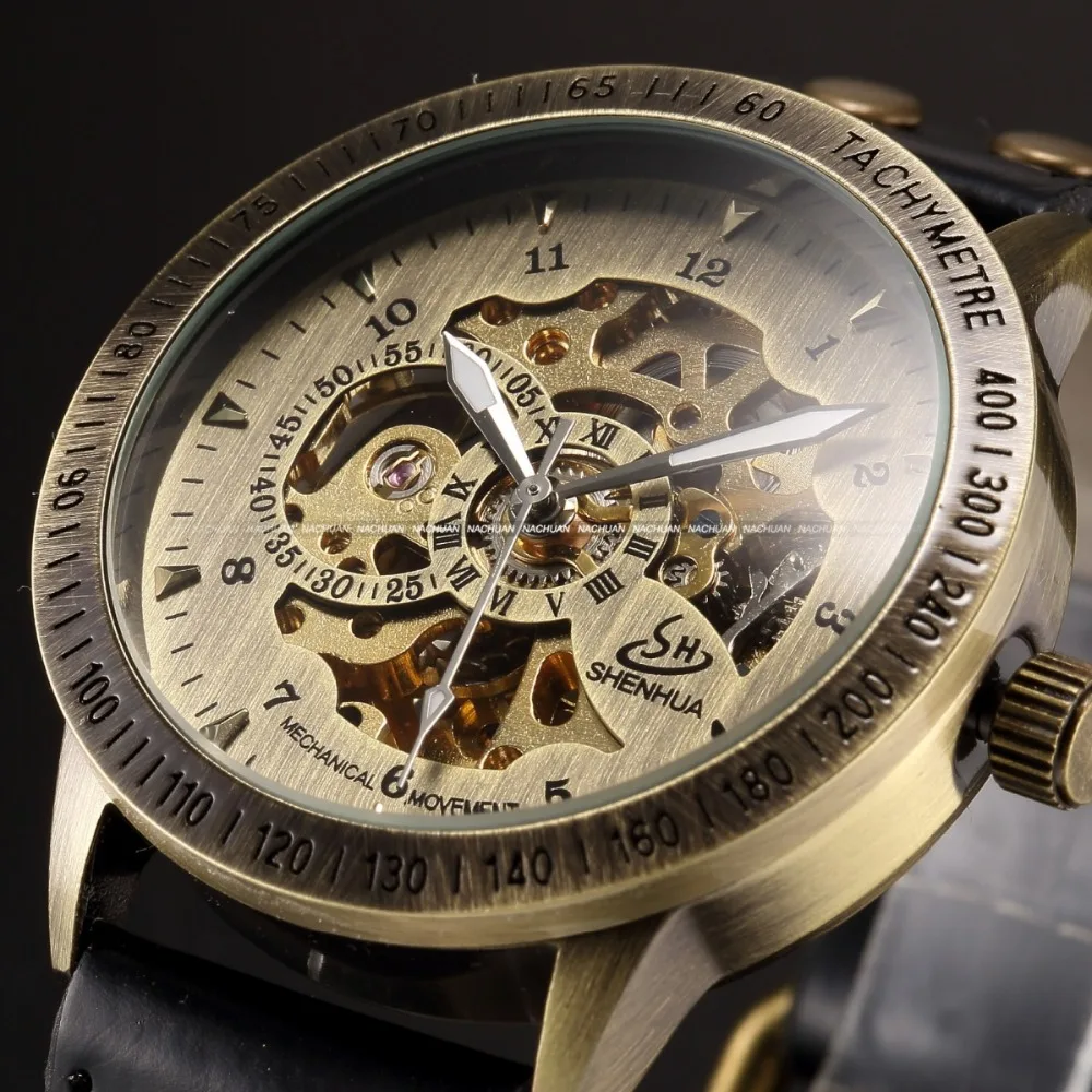 

New Vintage Bronze Men Wristwatch Skeleton Leather Strap Antique Steampunk Casual Automatic Mechanical Watches Relogio Masculino