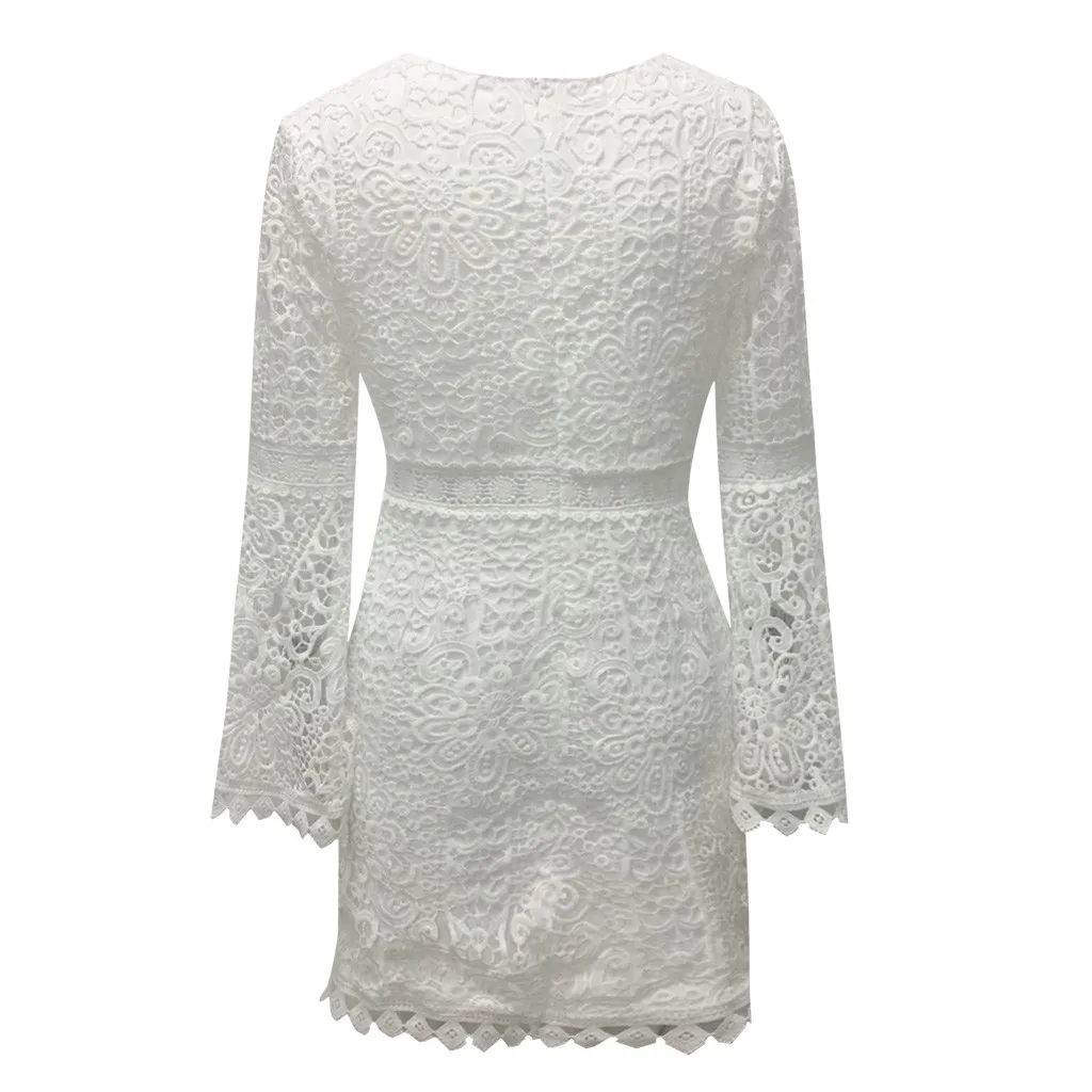 Открытое кружевное летнее женское платье трапециевидной формы с длинным рукавом