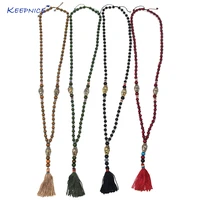 handmade vintage rosary crystal beads chian necklace tassel buddha pendent necklace tibetan buddha buddhism olive color necklace