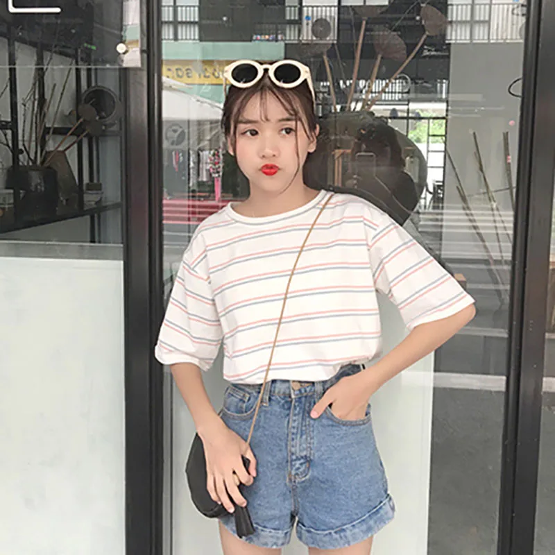 Ulzzang Harajuku ретро полосатая розовая футболка школьницы летние топы 2019 преппи милый