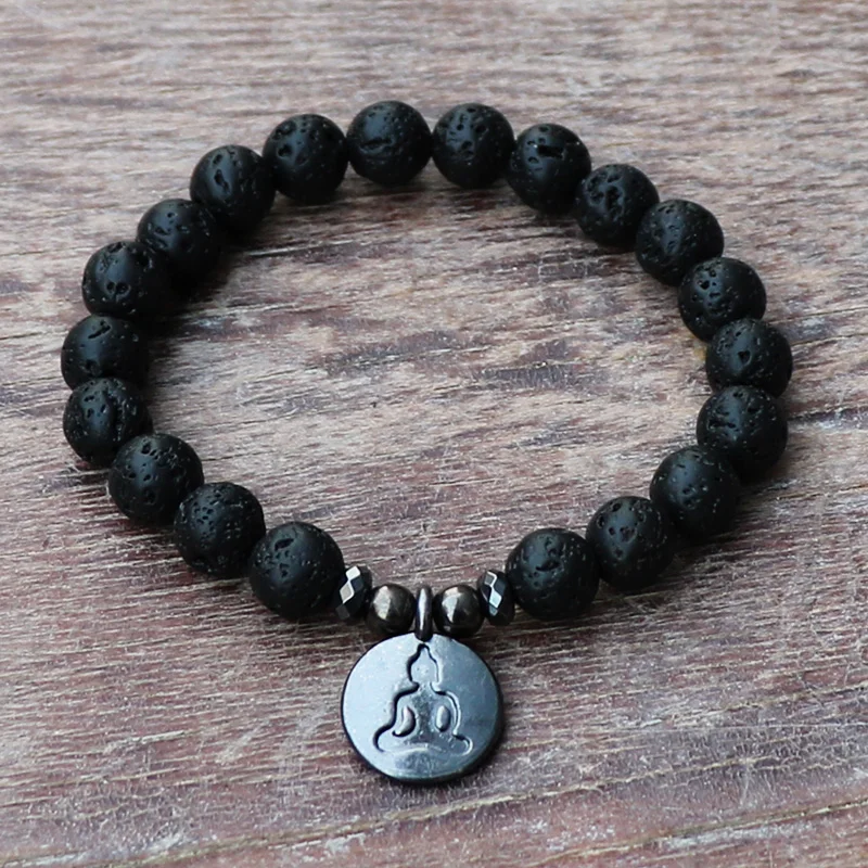Мужской черный камень из натуральной лавы четки браслет Черный лотос подвески