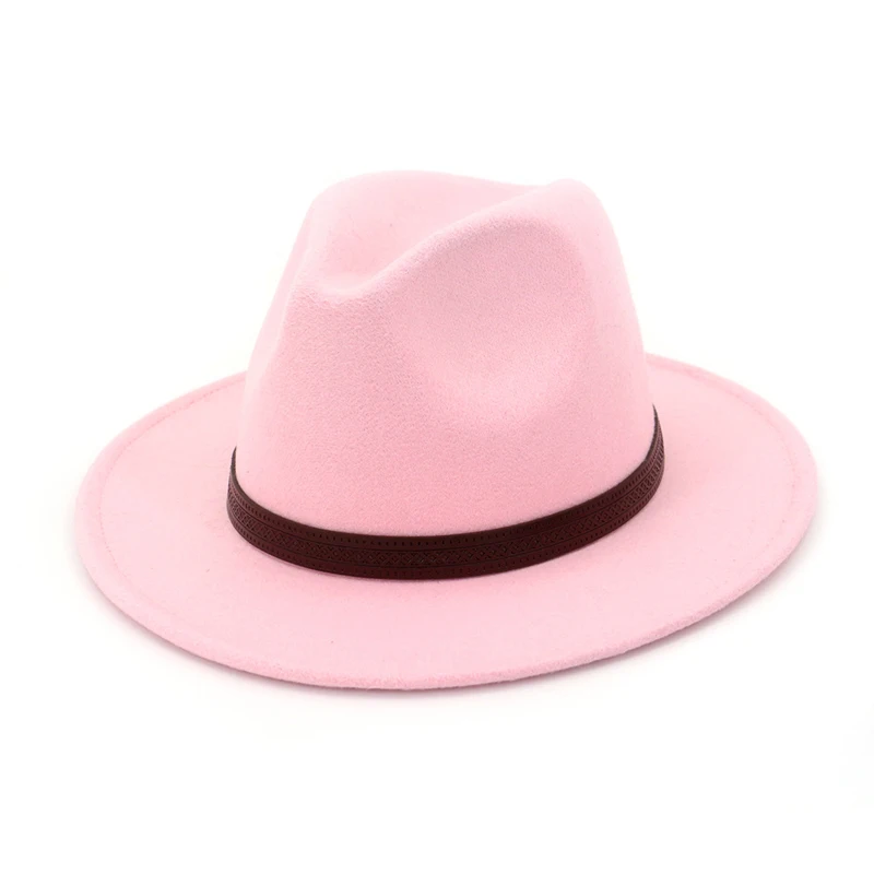 Розовый QIUBOSS Панама Джаз Fedora кепка для женщин и мужчин Шерсть фетр остроконечные широкие полями Дерби шляпа кофе кожа Украшение Gambler Chapeau QB42 - Цвет: Розовый