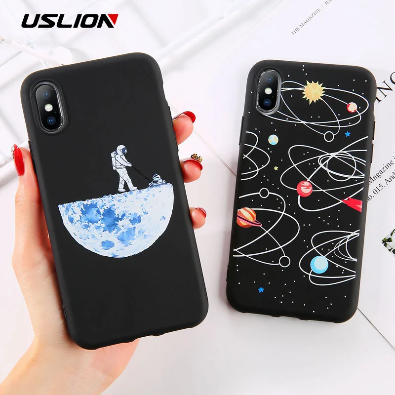 USLION Soft TPU Silicone Phone Case For iPhone X XS XR Xs Max Cartoon Planet Moon Cases Cover 5 5s SE 6 6s 7 8 Pus | Мобильные