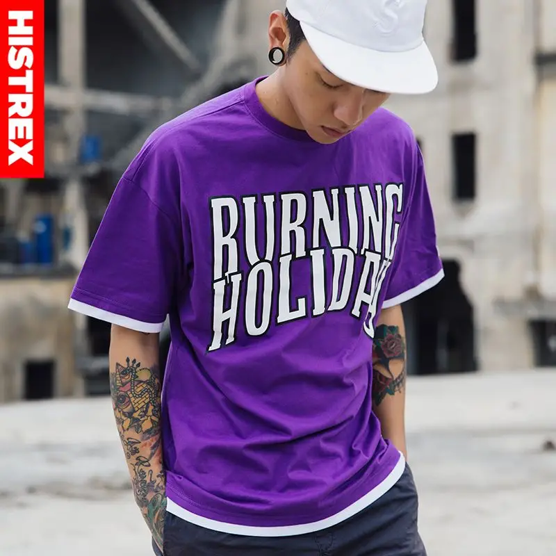 2018 Popular purple Print Funny Letter T-Shirt Hip Hop Men Streetwear Tshrit Casual Short Sleeve T Shirt Cotton Top Tees Summer | Мужская