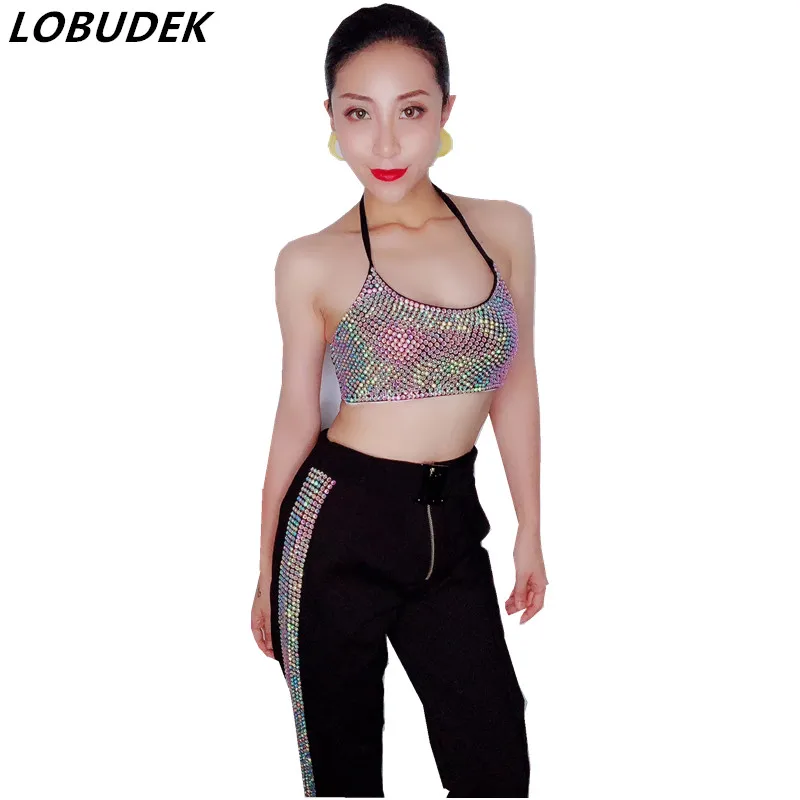 Блестящий топ с кристаллами длинные штаны для ночного клуба женский современный