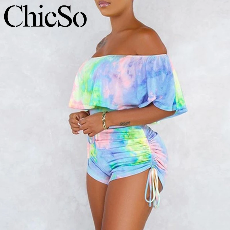 MissyChilli Tie dye pleated short jumpsuit women Bodycon elegant off shoulder romper summer Autumn sexy club streetwear playsuit |