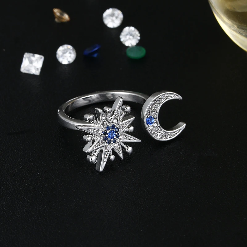 Женское кольцо с синими звездами и луной обручальное инкрустацией из циркония