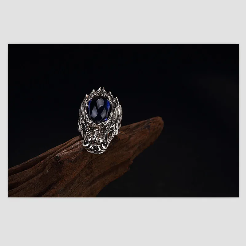 Uglyless Real S 925 Sterling Silver Natural Blue Chalcedony Men Rings Handmade Engraved Dragon Finger Ring Ancient Totem Jewelry | Украшения