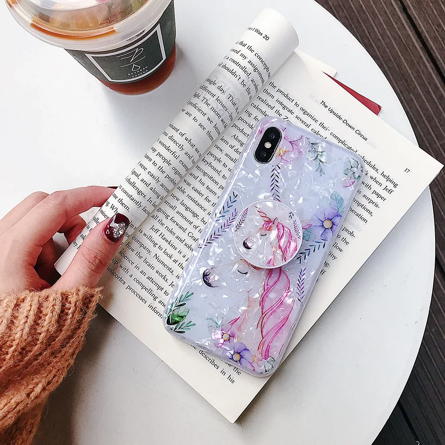 Lovely Unicorn Flower Case For iPhone X XR Max 7 6 6S 8 Plus Soft Cartoon Cute Bracket Colorful Floral Phone Cases Cover | Мобильные