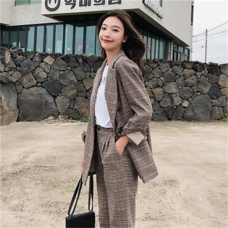 Клетчатый костюм женский осенний новый двубортный клетчатый Повседневный