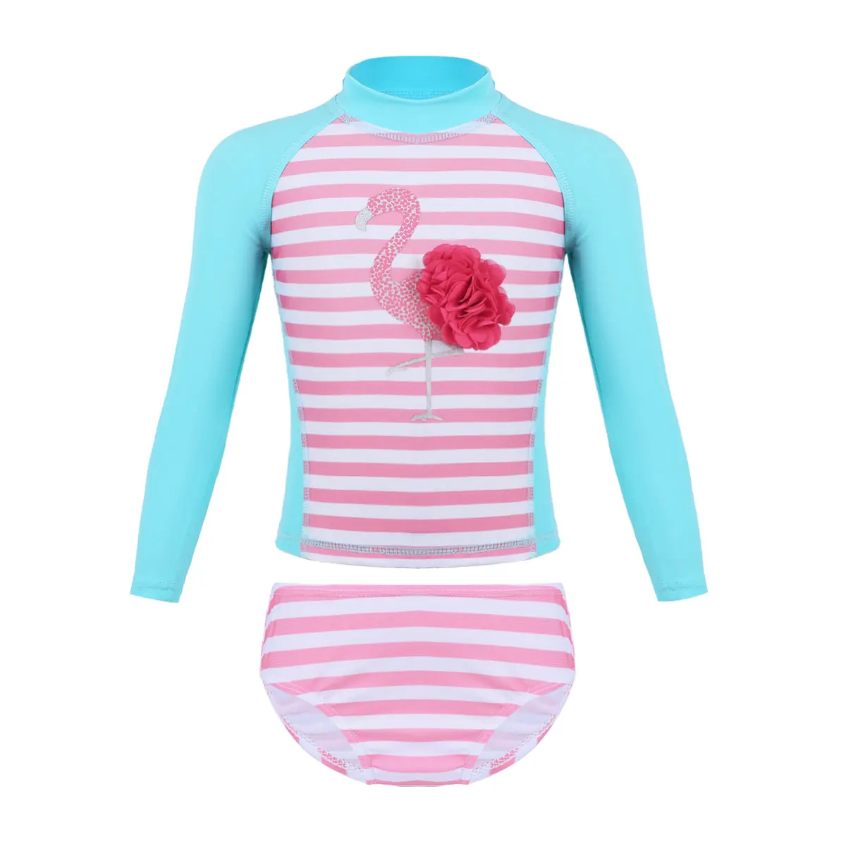 

2 pcs Kids Girls Swimsuit Long Sleeves Tankini Flamingo Printed Bathing Swim Tops & Bottoms Swimwear Children Split Bikini Suit