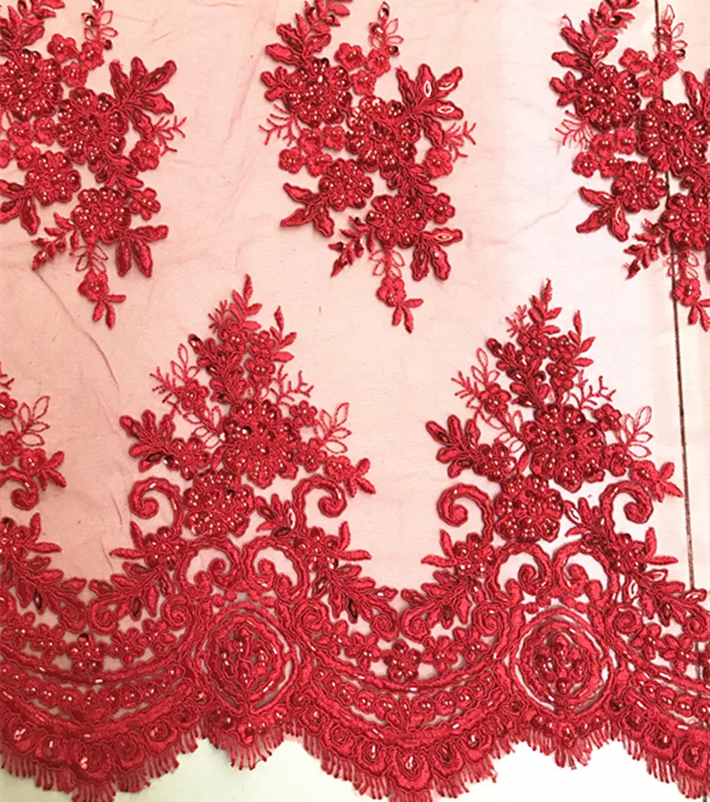 GLace 1Y/Lot Red beaded car bone lace fabric high quality custom clothing dress transparent embroidery TX195 | Дом и сад