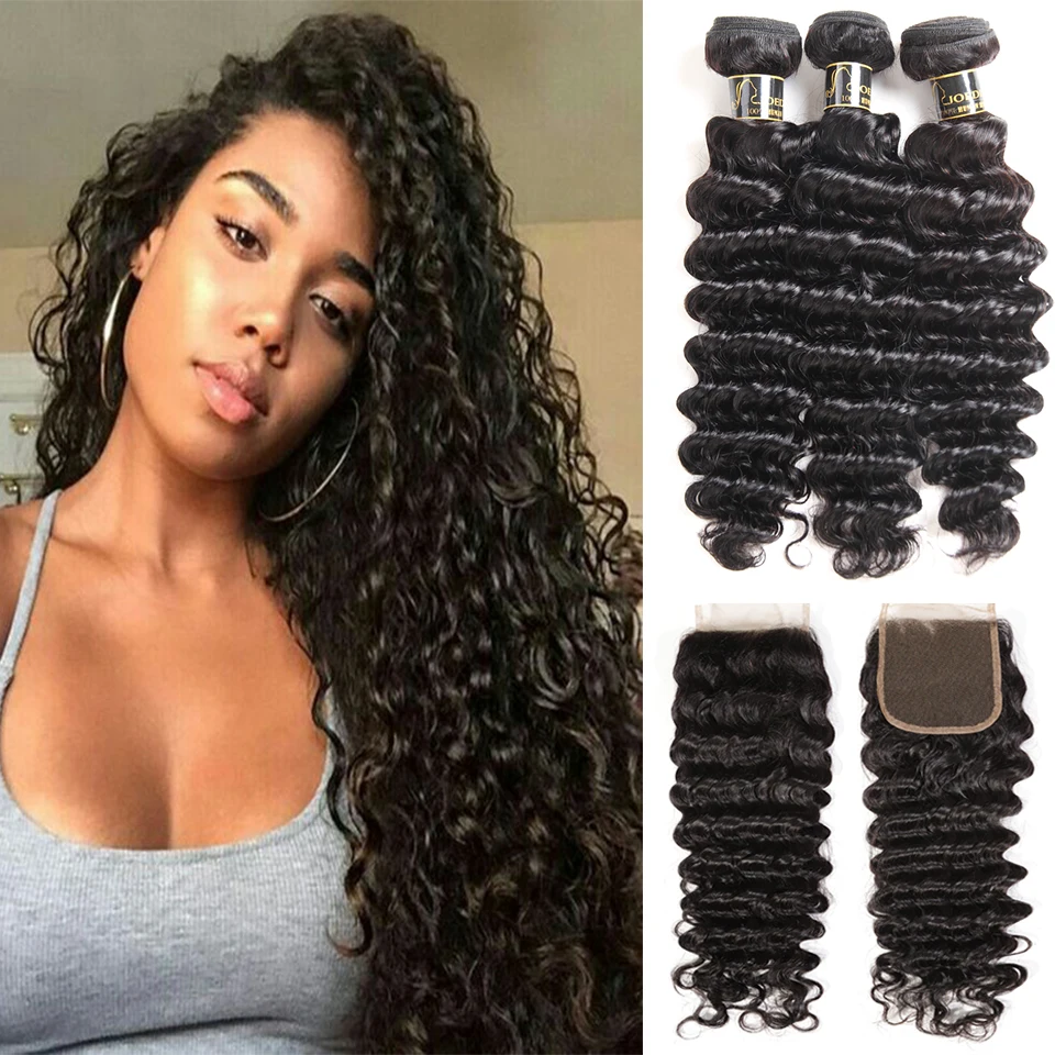 Волнистые пучки волос Joedir натуральные кудрявые с закрытыми волосами|3/4 пучка на