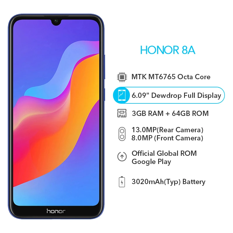 Глобальный Встроенная память Honor 8A 3 Гб оперативной памяти 64 ГБ Android 9 0 MT6765