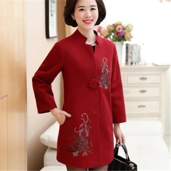 8008Dark red Зимняя женская куртка весна осень винтажное цветочное шерстяное пальто с вышивкой женское Шерстяное Пальто среднего возраста размера плюс 5XL - Цвет: 8008Dark red