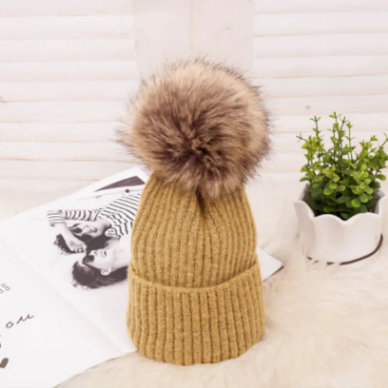 

Faux Fur Pompom Wool Winter Hat For Women Girl Bubble Knitted Skullies Beanie Fashion Warm Fur Pompon Woolen Female Cap