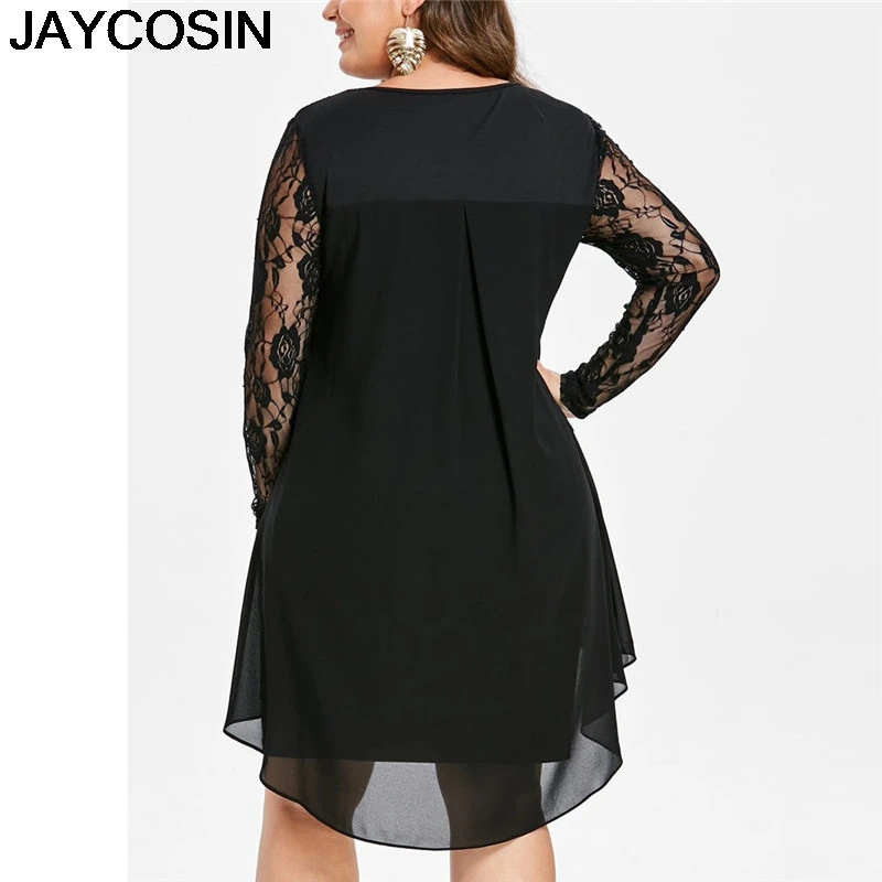 JAYCOSIN размера плюс, новое летнее женское платье, повседневное, сплошное, прозрачное, с кружевными рукавами, с высоким низким подолом, с круглым вырезом, свободное платье, Vestido jy10
