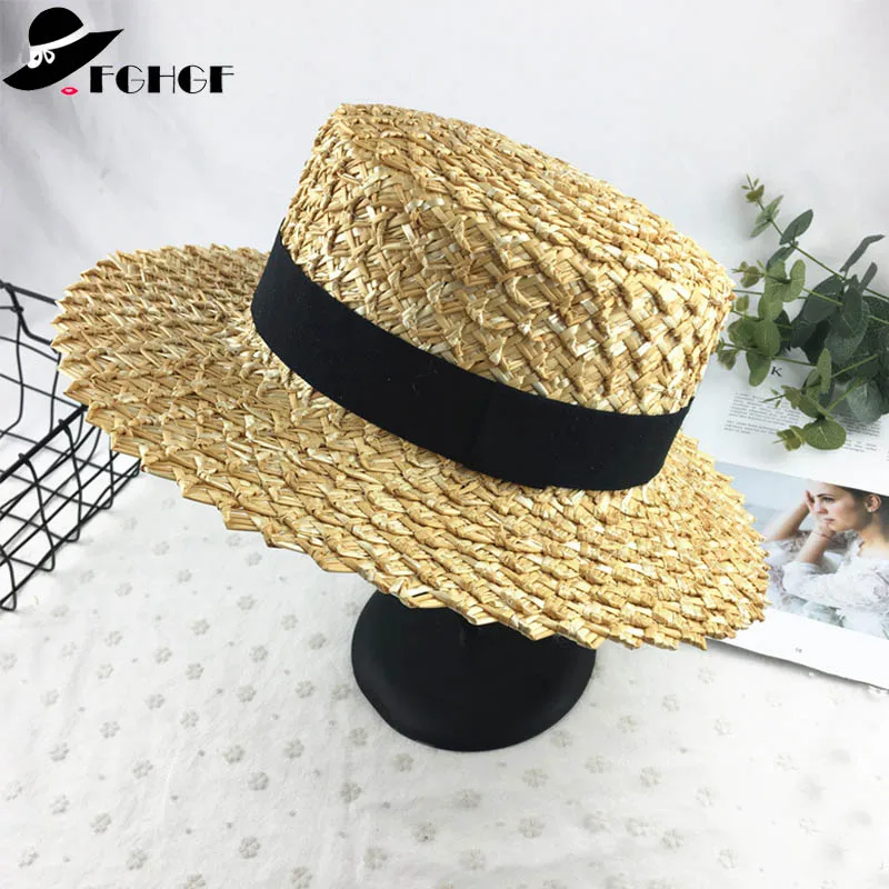

7cm Wide Brim Boater Cap Ribbon Round Flat Top Wheat Straw Hats Sun Beach hat Summer Women kentucky derby Hat Sombreros Mujer