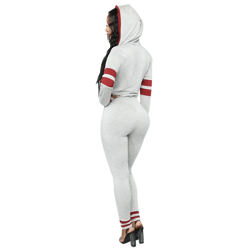 Sexy bodysuit tracksuit rompers womens jumpsuit hooded long sleeve skinny patchwork striped print overalls combinaison femme | Женская