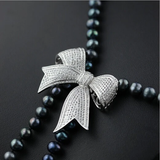 Черное жемчужное ожерелье крашеное черное из натурального жемчуга серебро 925