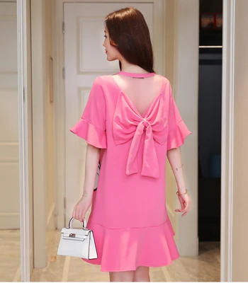 Размера плюс женское Повседневное платье с коротким рукавом и рюшами бантом