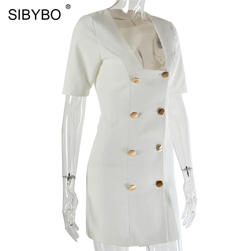 Sibybo, двубортное, мини, летнее платье, женская мода, u-образный воротник, короткий рукав, сексуальные, вечерние, на пуговицах, черное, повседневное, офисное платье