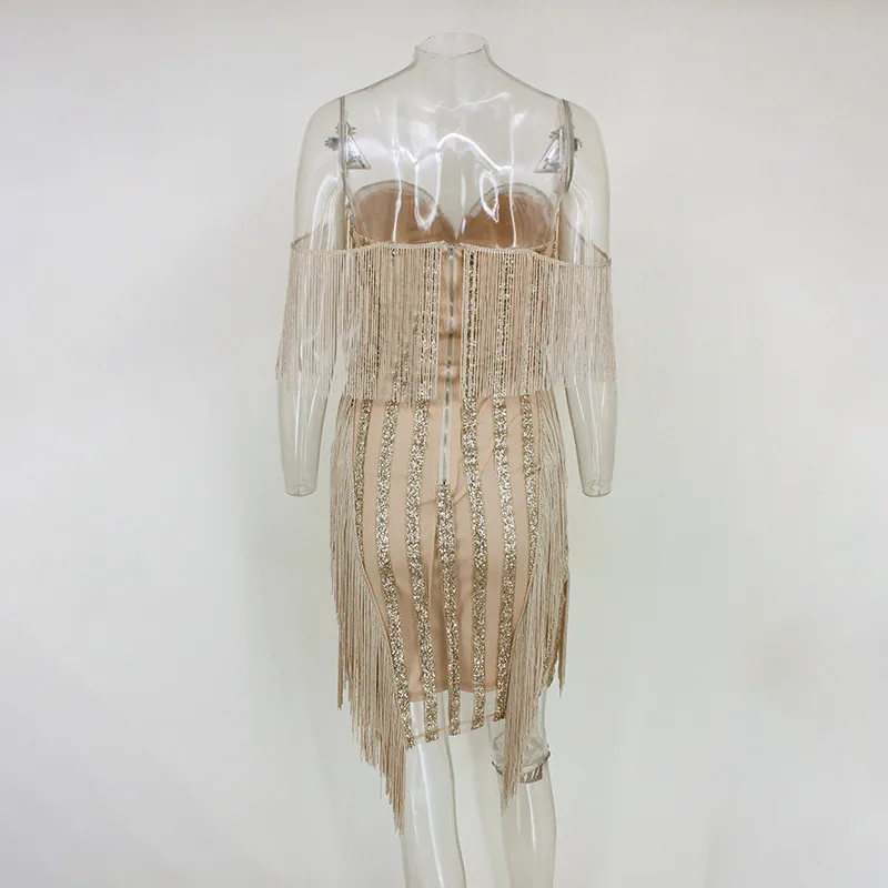 Dressmecb Для женщин глубокий v-образный вырез горловины кисточкой шить полосатый Бандажное платье с открытыми плечами мини платье Рождество блесток Vestidos