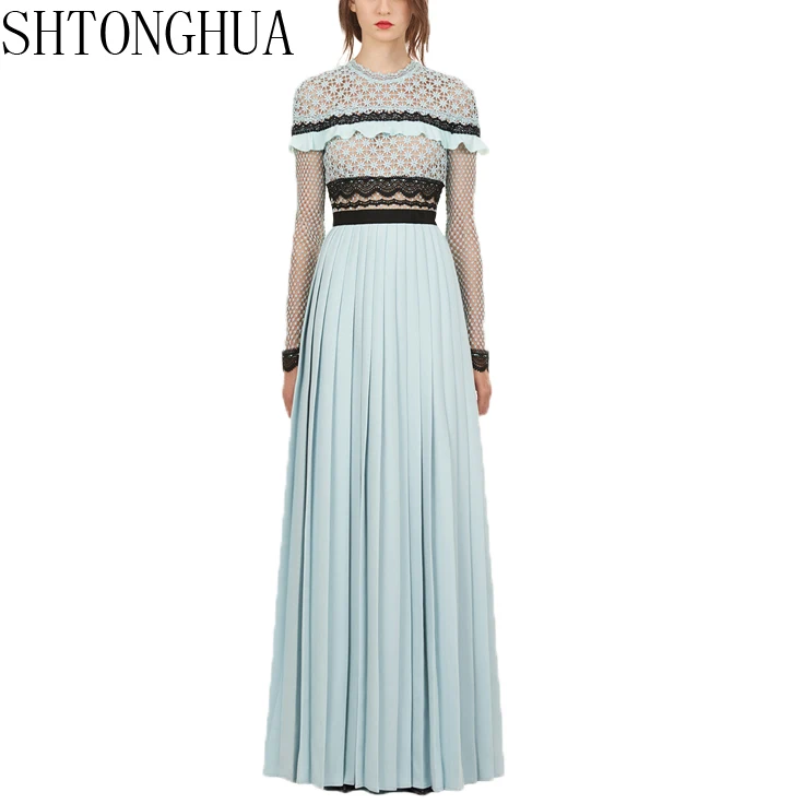 Женское длинное плиссированное платье SHTONGHUA подиумное шифоновое с отделкой в