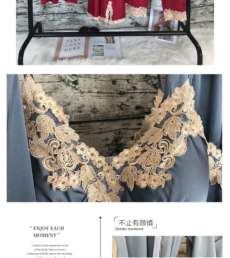 Женская атласная пижама, 5 шт., пижама, кружевная Пижама, пижама на бретельках, шелковая ночная Домашняя одежда, пижамный комплект