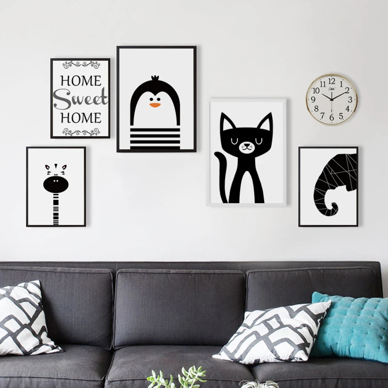 Простые черно белые животные мультфильм слон кошка зебра мышь Холст Картина