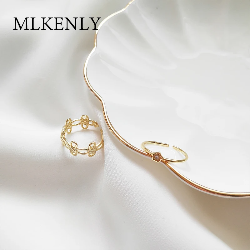 MLKENLY 100% Серебро 925 пробы золотая цепочка Открытое кольцо с цветком для женщин