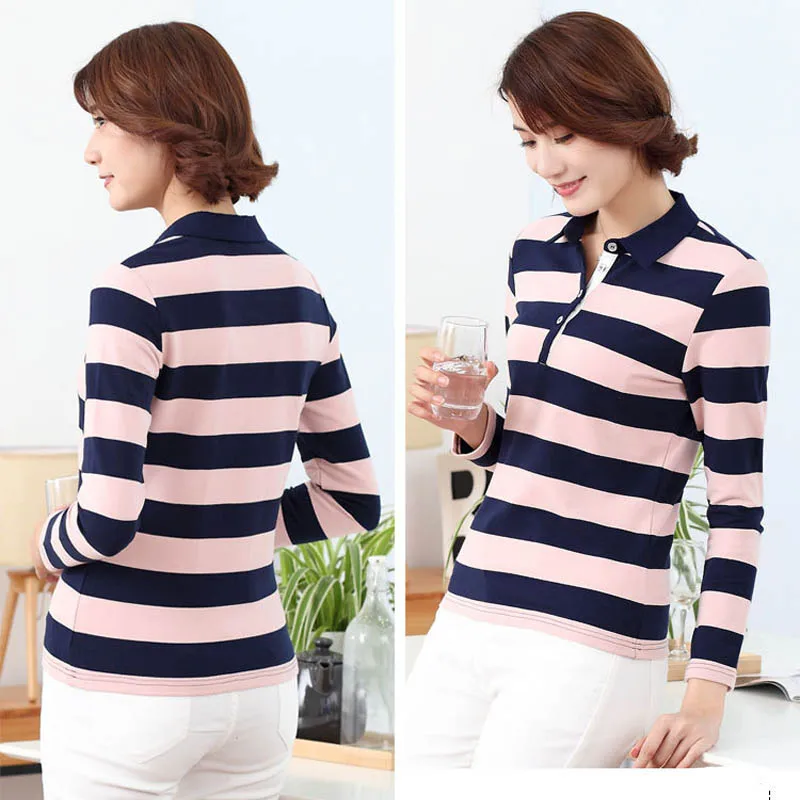 Женские рубашки поло в полоску с длинным рукавом повседневные хлопковые модные