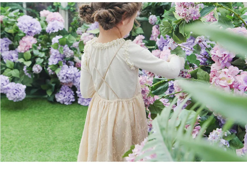 Весна Осень платье на петельках для девочек Новое кружевное с длинным рукавом