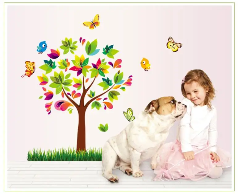Бабочки птицы на цветном дереве настенные наклейки декоративные домашний декор