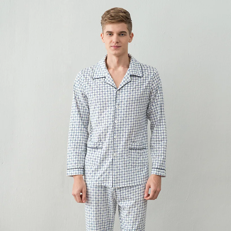 Пижамный комплект мужской из 100% хлопка одежда для сна с отложным воротником и