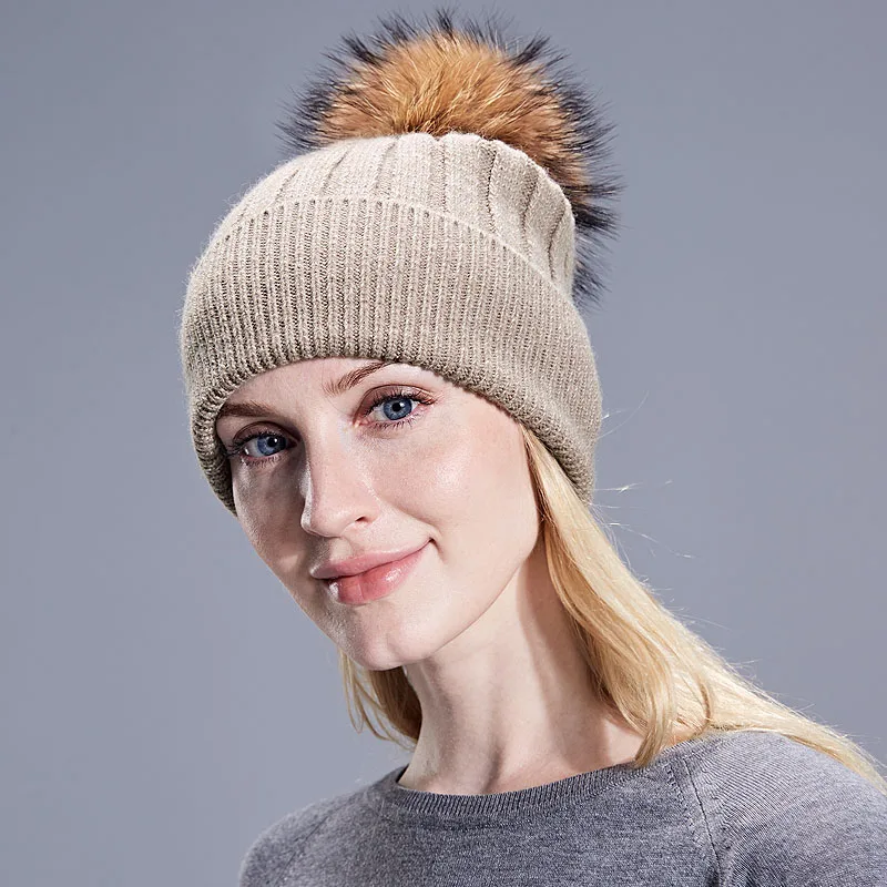 

Winter Women Child Real Pom Pom Beanies Hats Solid Color Cute Warm Knitted Bobble Girl Natural Raccoon Fur Pompon Casual Hat Cap