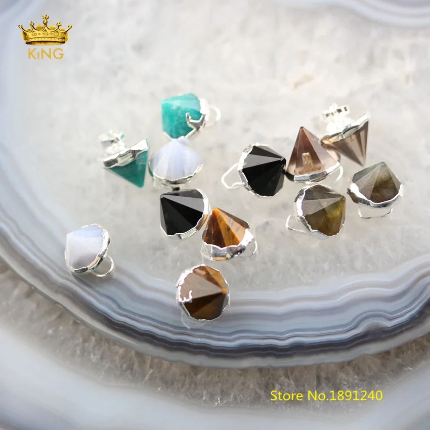 

10pcs/lot Newset Style Natural Stones Circular Cone Shaped Charms Point Pendants Plated Silvery Caps Faceted Chokers 10mm DSS93