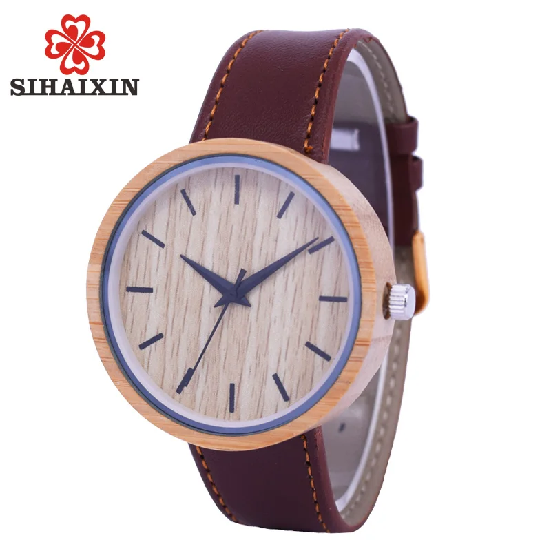 

SIHAIXIN mens Casual Antique Round Bamboo Wood Watch with Leather Strap Watches Top Brand Luxury Soft Natural