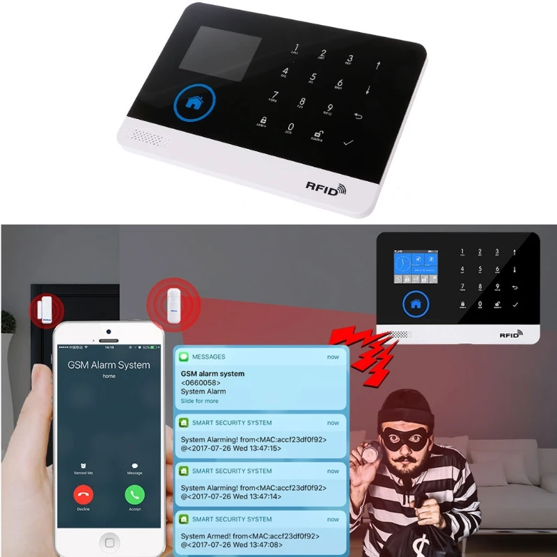 Высокое качество домашней безопасности беспроводной wifi GSM 3g GPRS Сигнализация приложение дистанционное управление RFID карта комплект