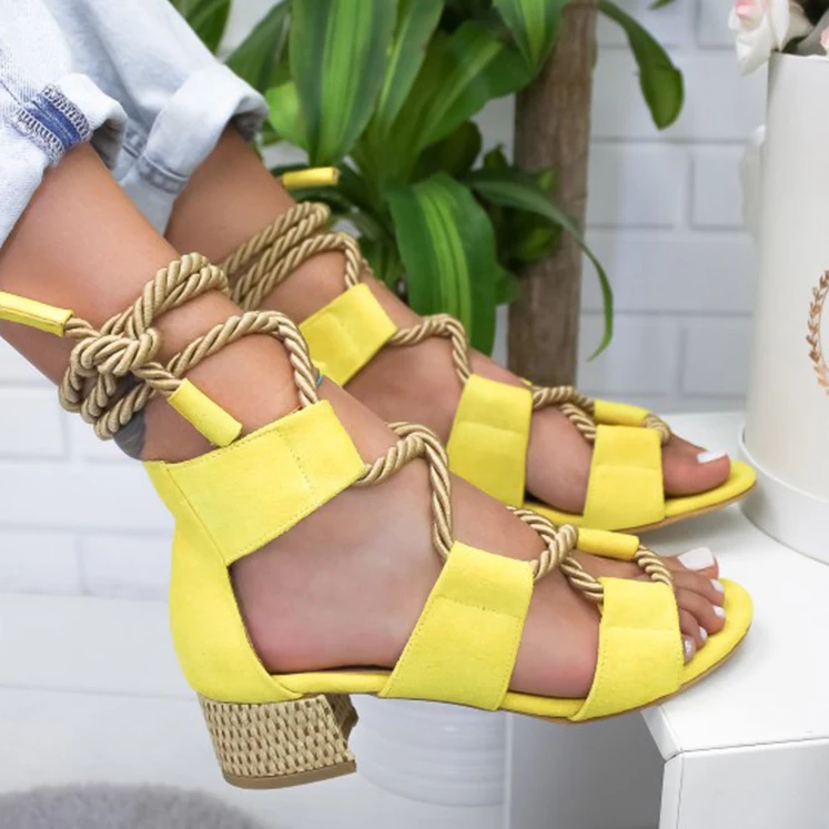 Yellow Mid Женские босоножки Новинка; женская обувь на танкетке женские эспадрильи; босоножки на высоком каблуке с заостренным носком, модные босоножки на высоком каблуке из пеньковой веревки на платформе со шнуровкой; сандалии - Цвет: Yellow Mid