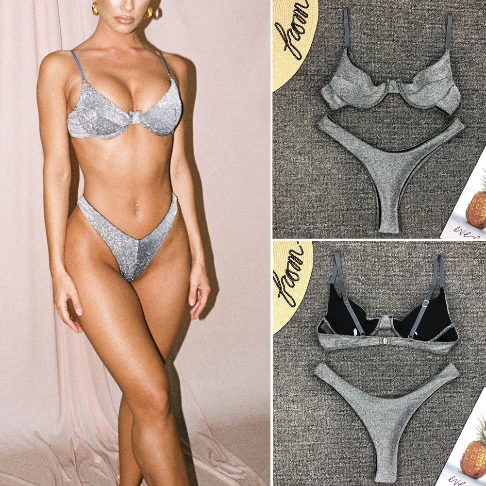 

2019 New Solid Sexy Women Padded Bra Steel Tower Swimsuit Push-up Pure Bikini Set Fashion Swimwear