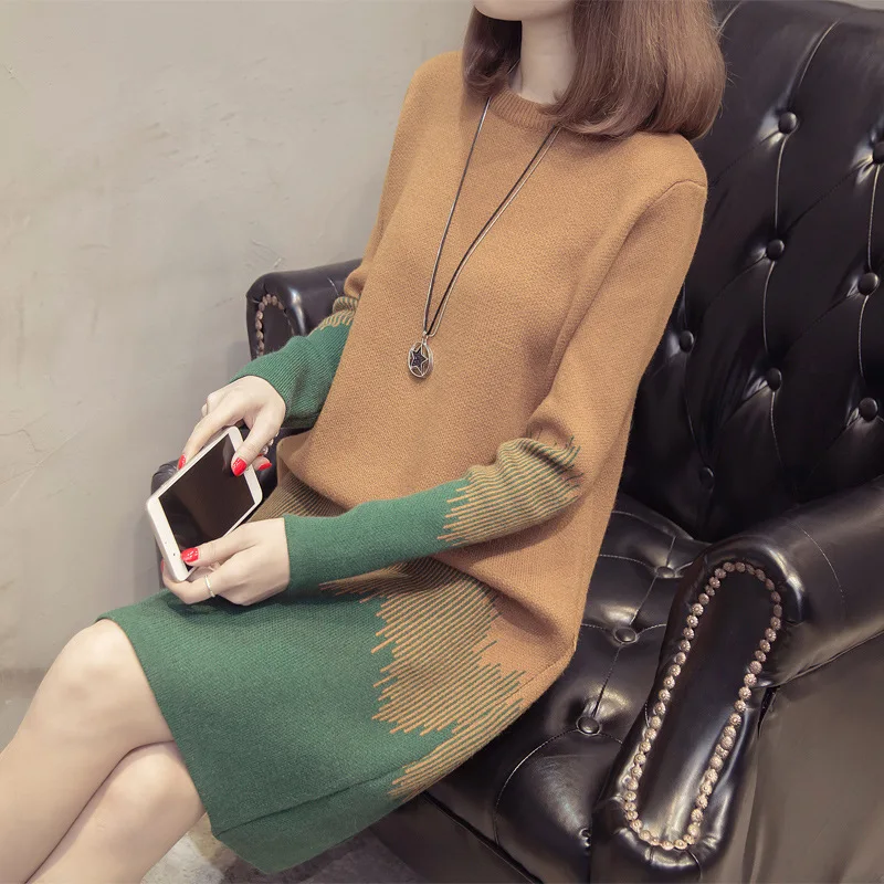 Осенне зимнее платье свитер женский пуловер Свободный длинный рукав вязаный